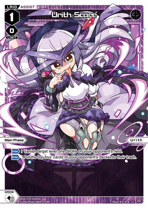 A card named "Urith Scare (WXDi-P10-028[EN]) [Prismatic Diva]" depicts an anime-style female character, known as a Prismatic Diva, with long purple hair, red eyes, and a predominantly purple and white outfit with elaborate, wing-like extensions. The character is in a dynamic pose against a colorful, futuristic background filled with various icons and text. This card is produced by TOMY.