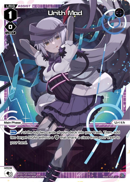 An anime-style trading card features a character named "Urith Mad," a Prismatic Diva with long silver hair, purple eyes, and a white and purple outfit with black accents, including a bow and hat. The card shows various stats and abilities, with a colorful background of geometric shapes and glowing lines. The product is Urith Mad (WXDi-P10-029[EN]) [Prismatic Diva] by TOMY.