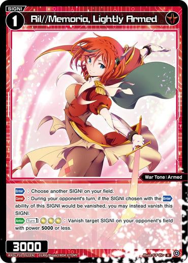 Card of "Ril//Memoria, Lightly Armed (WXDi-P10-052[EN]) [Prismatic Diva]" by TOMY. A SIGNI with red hair, brandishing a sword and clad in ornate armor. Set against a red background with pink cherry blossom petals, her outfit features gold accents and a short cape. As a Prismatic Diva in the card game, she boasts 3000 power and multiple abilities.