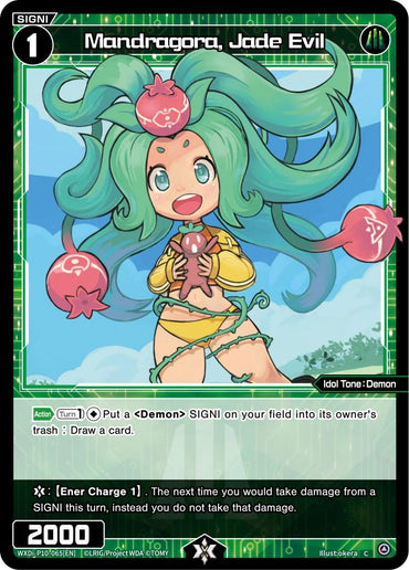 Trading card featuring an anime-style character, Mandragora, Jade Evil, with long green hair decorated with small red demons. She wears a yellow top and holds a red demon. Text is visible with game details: cost of 1, power of 2000, and special abilities. Background is green with a mystical Ener Charge theme. Product Name: Mandragora, Jade Evil (WXDi-P10-065[EN]) [Prismatic Diva] Brand Name: TOMY