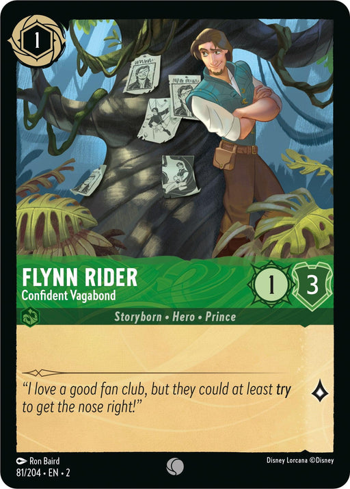 A Disney Lorcana trading card featuring Flynn Rider, labeled as "Flynn Rider - Confident Vagabond (81/204) [Rise of the Floodborn]." Flynn stands confidently beside a tree plastered with various wanted posters, arms crossed. The card shows his power as 1 and toughness as 3. A quote reads, "I love a good fan club, but they could at least try to get the nose right!" Part of the Rise of the Floodborn series from Disney.