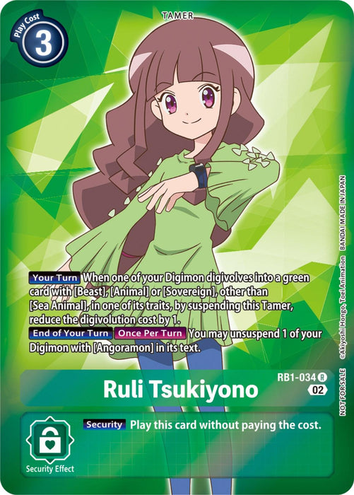 A Digimon trading card titled "Ruli Tsukiyono [RB1-034] (Box Topper) [Resurgence Booster]" showcases an anime-style girl with long brown hair wearing a white and green outfit. The card, featured in the Resurgence Booster set, has a green and white geometric background. It includes game details like effects and play cost, while the Tamer girl makes a playful gesture with her hand.