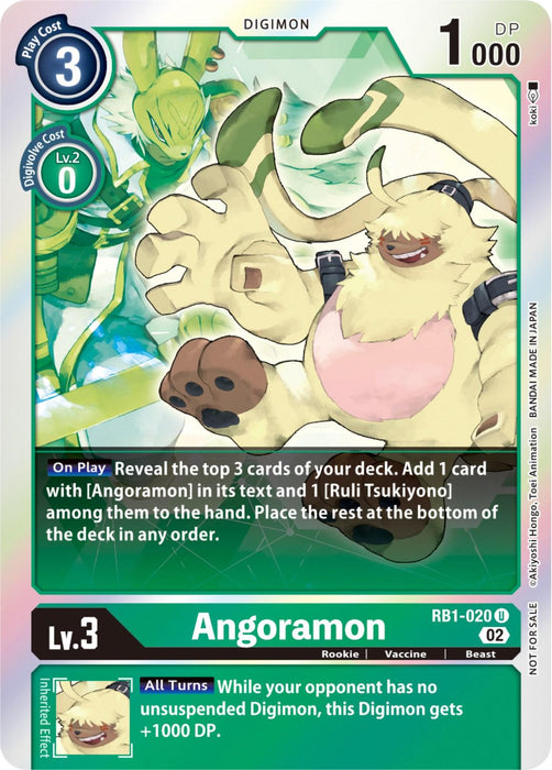 A Digimon card featuring Angoramon [RB1-020] (Box Topper) [Resurgence Booster] is included in the Resurgence Booster pack. Angoramon, a large, furry creature with long ears and claws, has a play cost of 3 and 1000 DP. Its unique ability reveals the top 3 cards of your deck, adding one with "Angoramon" to your hand.