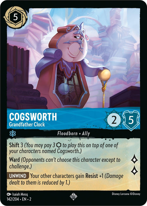 A collectible, Super Rare card from Disney's "Rise of the Floodborn" set featuring "Cogsworth - Grandfather Clock (142/204) [Rise of the Floodborn]." The card shows an anthropomorphic clock character with stats: 5 cost, 2 attack, 5 defense. Abilities include Shift 3, Ward, and Unwind, granting other characters Resist +1.