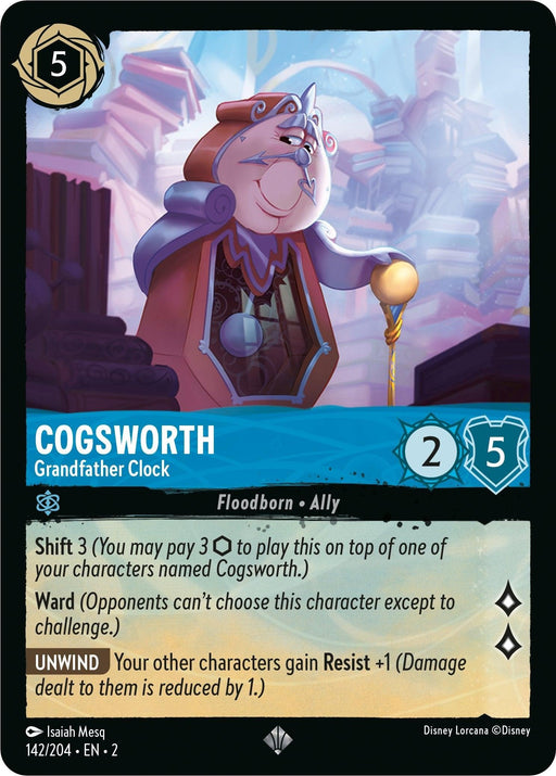 A collectible, Super Rare card from Disney's "Rise of the Floodborn" set featuring "Cogsworth - Grandfather Clock (142/204) [Rise of the Floodborn]." The card shows an anthropomorphic clock character with stats: 5 cost, 2 attack, 5 defense. Abilities include Shift 3, Ward, and Unwind, granting other characters Resist +1.