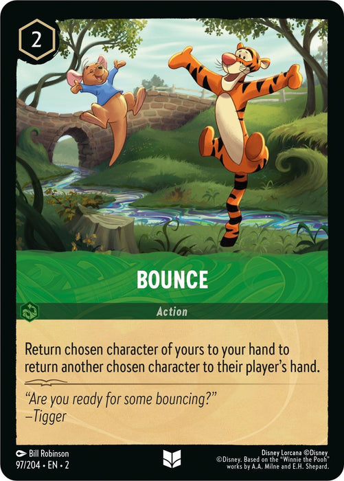 A Disney Lorcana card named "Bounce (97/204) [Rise of the Floodborn]," from the Rise of the Floodborn series, features Tigger and Roo leaping joyfully with a scenic background. This uncommon Action card costs 2 ink to play. The text reads: "Return chosen character to your hand to return another chosen character." Quote: “Are you ready for some bouncing? –Tigger.”