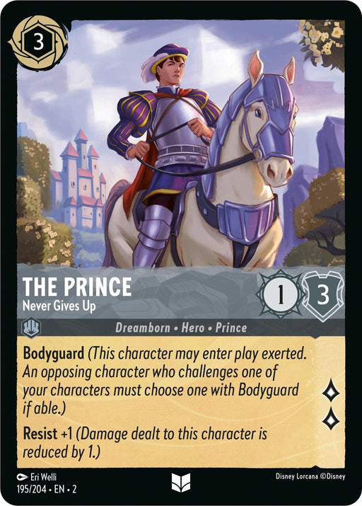 A Disney Lorcana trading card titled "The Prince - Never Gives Up (195/204) [Rise of the Floodborn]," from the Rise of the Floodborn series, featuring a fantasy-style illustration of a prince in armor riding a white horse. This uncommon card shows attributes: cost (3 ink), strength (1), and willpower (3). Abilities include Bodyguard and Resist +1.