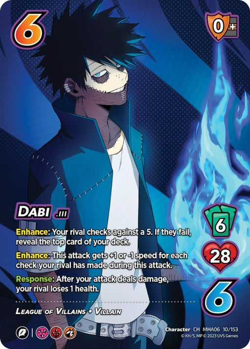 A UniVersus Dabi [Jet Burn] collectible card featuring the villain Dabi, a blue flame-wielding figure with black spiky hair. Dabi's stats are 6 and 6, with 28 health. Text details special abilities and effects tied to "Enhance" and "Response." The background is dark with blue flames.