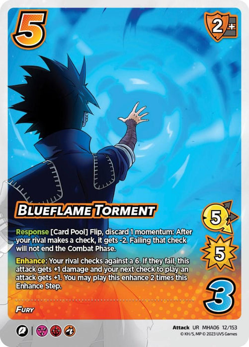 A Blueflame Torment [Jet Burn] by UniVersus titled "Blueflame Torment" featuring an ultra-rare, dark-haired character in a blue coat with flame designs. The figure faces away, conjuring a blue flame. Stats: 5 difficulty, 2 control, 5 high attack, 5 low block, and 3 damage. Abilities and details displayed.