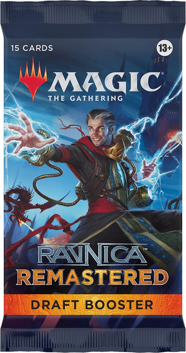 A "Magic: The Gathering" Ravnica Remastered - Draft Booster Pack is shown. The pack's artwork features a dynamic character casting lightning magic with a fierce expression. Perfect for Ravnica fans, it indicates "15 Cards," is suitable for ages "13+," and has the Magic logo with the text "Ravnica Remastered" prominently displayed.