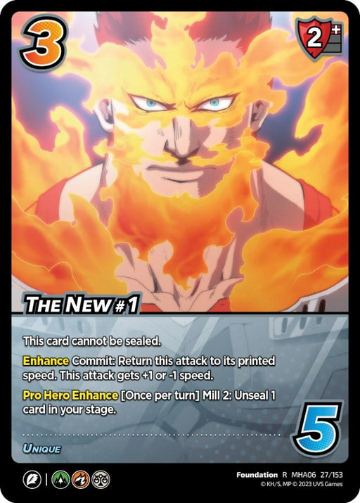 A trading card featuring a muscular, fierce-looking character with flame-shaped eyebrows and beard. Surrounding the character is an intense, fiery aura. The unique card, titled "The New #1 [Jet Burn]," has the number "3" in the top left and "5" in the bottom right, with several rare abilities listed. This is a product from UniVersus.