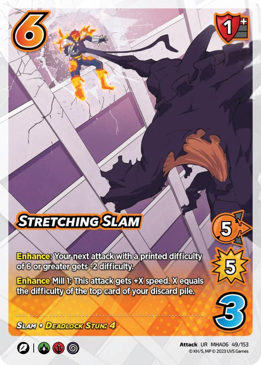 The image shows an Ultra Rare trading card from UniVersus featuring the "Stretching Slam [Jet Burn]" attack. The card depicts a dynamic scene with a character launching a fiery punch toward a large, shadowy foe. The card has stats including 6 base, 1+ damage, 5 high block, 5 low block, and 3 difficulty.