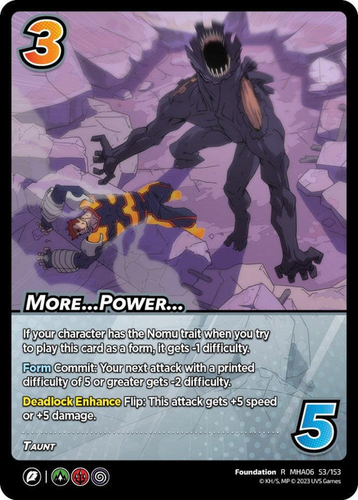 A UniVersus trading card featuring a menacing, dark creature with sharp claws and red eyes, standing on cracked, rocky ground. This Nomu trait monster looms over a fallen superhero in a yellow and black costume. The card has text outlining various gameplay attributes and a prominent "3" in the corner. The product name is More...Power... [Jet Burn].