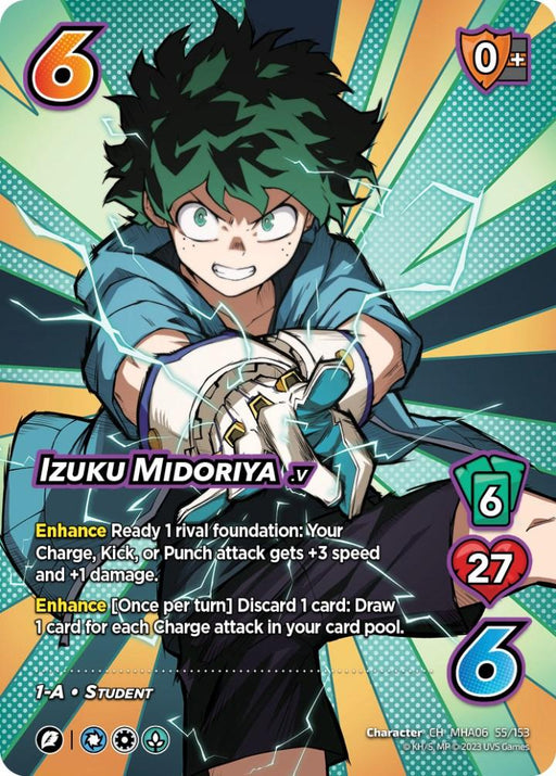 A trading card featuring Izuku Midoriya from the My Hero Academia series. This vibrant Izuku Midoriya (55/153) [Jet Burn] Character Card from UniVersus boasts colorful, dynamic background art. Text boxes display various stats: "6" in an orange hexagon, "0+" in a red hexagon, "6" in a green hexagon, "27" in a red hexagon, and "6" for Izuku's Charge Attack.