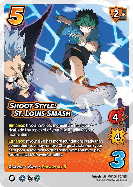 An ultra rare trading card featuring Izuku Midoriya from My Hero Academia performing a dynamic kick. Titled "Shoot Style: St. Louis Smash [Jet Burn]," it boasts attributes including 5 difficulty, 2 check, 4 high attack, 4 damage, and 3 speed. This powerful attack card offers enhancements and special effects from UniVersus.