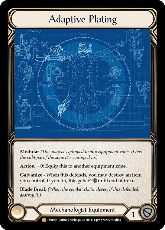 A trading card titled "Adaptive Plating [EVO013] (Bright Lights) Cold Foil" is shown. The card features intricate blueprints of mechanical armor with glowing accents. It includes details on four abilities: Modular, Action, Galvanize, and Blade Break. The bottom of the card mentions "Legendary Mechanologist Equipment" and "Carlos Cruchaga © 2023 Legend Story Studios".