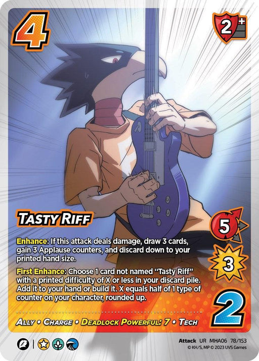 A trading card depicting a humanoid bird with black feathers and a yellow beak, wearing a red scarf and orange shirt. This Ultra Rare card from UniVersus, titled "Tasty Riff [Jet Burn]," features icons and text detailing its abilities. It boasts a 4 in the top left corner, a 2+ shield in the top right corner, and deals 3 damage.
