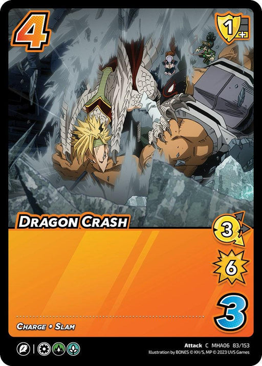 The image is a trading card titled "Dragon Crash [Jet Burn]" from the UniVersus Collectible Card Game. It features two characters, one with blonde hair and dragon-like wings, and another with a helmet and glowing eye, amidst a battle. The charge attack sends rubble scattering around. The card shows stats and the number "4.