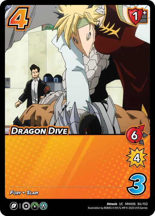 A trading card titled "Dragon Dive [Jet Burn]" from UniVersus features a blond-haired character in combat. The character, wearing a green headband and a red, dragon-themed upper body suit, appears to be delivering an uncommon and powerful strike. The card states various values: "4," "1+," "6," "4," and "3.