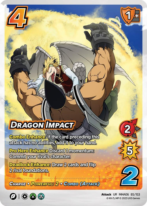A card titled "Dragon Impact [Jet Burn]" from UniVersus showcases an ultra rare, muscular character with dragon-like wings, blonde hair, and a white mask, flexing their large arms. The card has a 4 difficulty rating, 1 speed, and a 2 difficulty block rating. It describes various powerful abilities and features icons for Charge, Powerful 2, and Combo.
