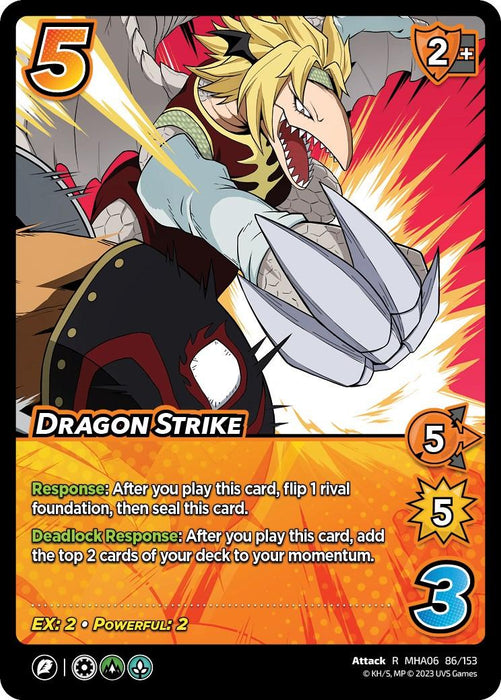 A rare card from a trading card game featuring a fierce character labeled "Dragon Strike [Jet Burn]" with 5 attack power and 3 difficulty. The character, with spiky hair, is throwing a powerful punch. The attack card boasts various game symbols and text, including "EX: 2", "Powerful: 2", and "Response" abilities.