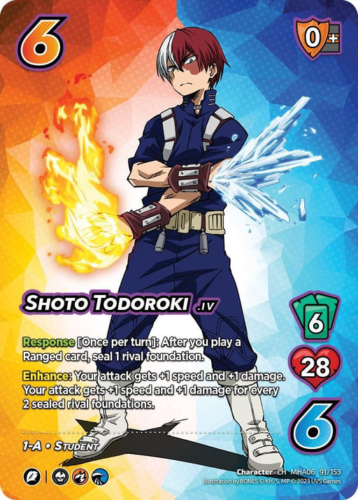A Character Rare card features 1-A student Shoto Todoroki from the UniVersus CCG. He has red and white hair and wears a blue and white hero suit. One hand emits fire, the other ice. The card's stats include 6 difficulty, 6 control, 6 hand, and 28 health. Various abilities are described in text.
