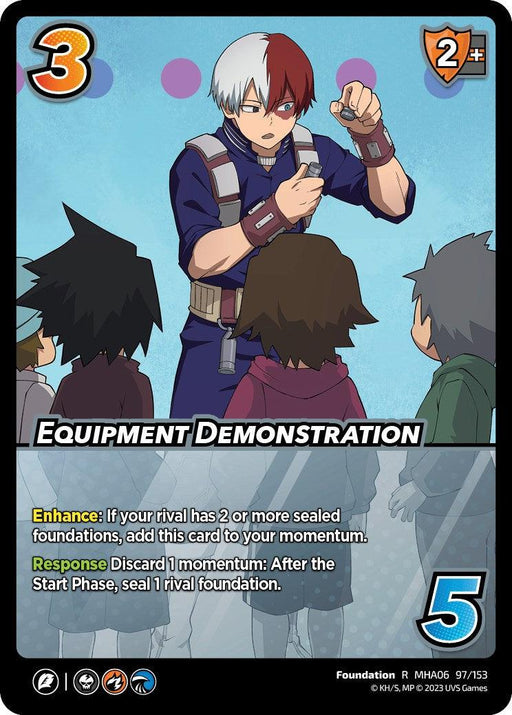 Image of a UniVersus collectible card titled "Equipment Demonstration [Jet Burn]." The card features a character with spiky white and red hair holding an object up, surrounded by four children. Notably, it's a rarity card with symbols indicating a value of 3, a 2+ attack symbol, and a defense of 5. Its abilities include: "Enhance: If your rival has 2