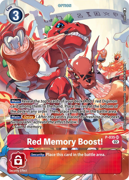 A "Digimon" trading card titled "Red Memory Boost! [P-035] (Digimon Adventure Box 2) [Promotional Cards]" features a fierce red dragon-like Digimon, Guilemon, roaring with claws extended. This super rare card costs 3 and its abilities include revealing the top 4 cards and adding 1 red Digimon card to your hand, and gaining 2 memory. Security effect: place in battle area.