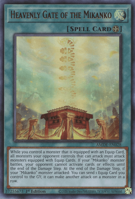 An image of the Yu-Gi-Oh! card titled "Heavenly Gate of the Mikanko [AMDE-EN028] Ultra Rare." It's an Ultra Rare Field Spell Card illustrated with a red torii gate against a backdrop of swirling clouds and celestial elements. The card's detailed effects and rules are written below the image and card title.