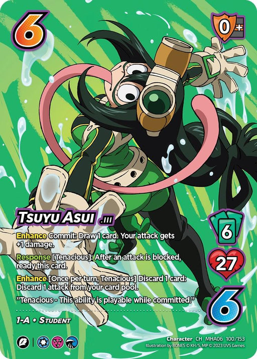 A UniVersus card featuring the tenacious Tsuyu Asui (100/153) [Jet Burn], a humanoid frog character. She strikes a dynamic pose with her tongue extended, wearing a green, black, and beige outfit. The card details her stats and Attack Damage against vibrant green and yellow background graphics.