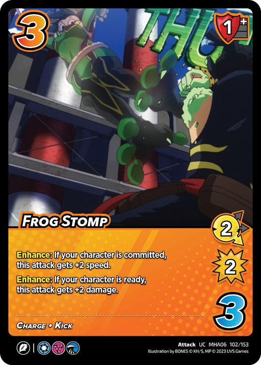 A trading card featuring "Frog Stomp [Jet Burn]" with an orange background. The card shows a character in green costume performing a kick in an urban setting. The attack power is 3, difficulty is 1+, and attributes are speed: 2, damage: 2, and block: 3. Text describing two enhance abilities is at the bottom. This card is part of the UniVersus brand collection.