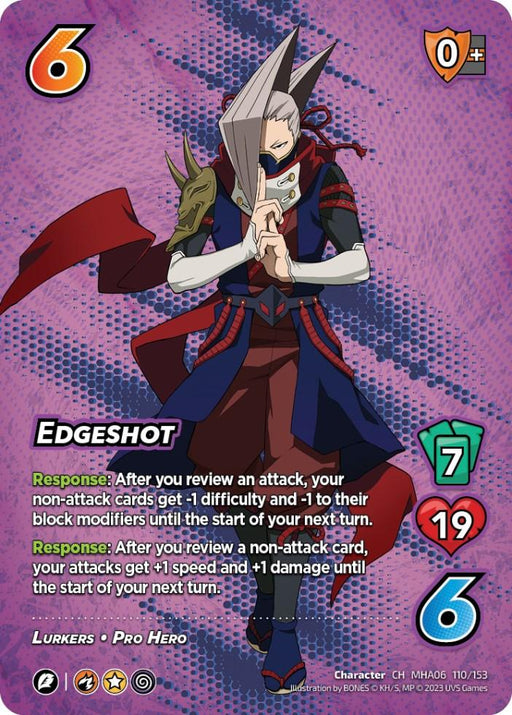 An Edgeshot [Jet Burn] trading card from the UniVersus brand featuring the Pro Hero Edgeshot from the My Hero Academia universe. The card displays him in a dramatic pose, dressed in a ninja-like outfit with a mask and weaponry. With stats such as 6 difficulty, 5 check, 7 hand size, and 19 health, it includes special abilities and responses.