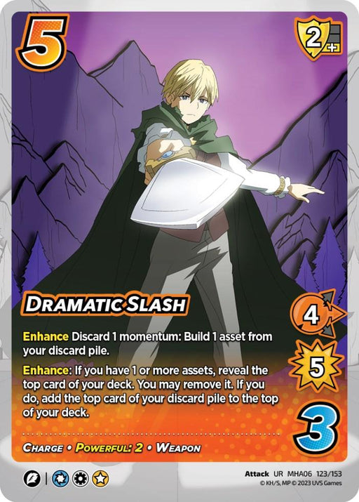A character in a green cloak and armor wields a glowing sword and shield. The card, titled "Dramatic Slash [Jet Burn]," boasts stats: 5 difficulty, 2 check, 4 mid block, 5 attack, 3 mid zone. This ultra rare weapon card's enhancements include discarding momentum and revealing the top card of your deck. It's from the UniVersus brand.