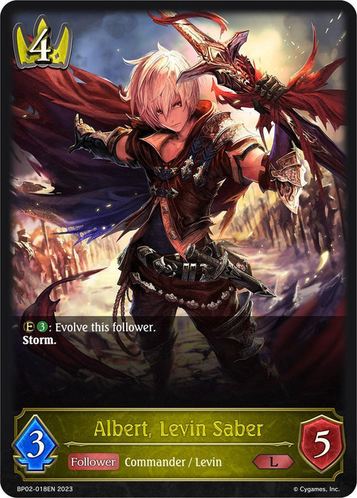 The fantasy card from Bushiroad, titled "Albert, Levin Saber (BP02-018EN) [Reign of Bahamut]," portrays Albert as a legendary Swordcraft warrior. He is depicted with white hair and shining armor, wielding dual swords against a stormy, electrified backdrop. The card features stats of 4 play points, 3 attack, and 5 defense and includes the abilities "Evolve this follower" and "Storm.