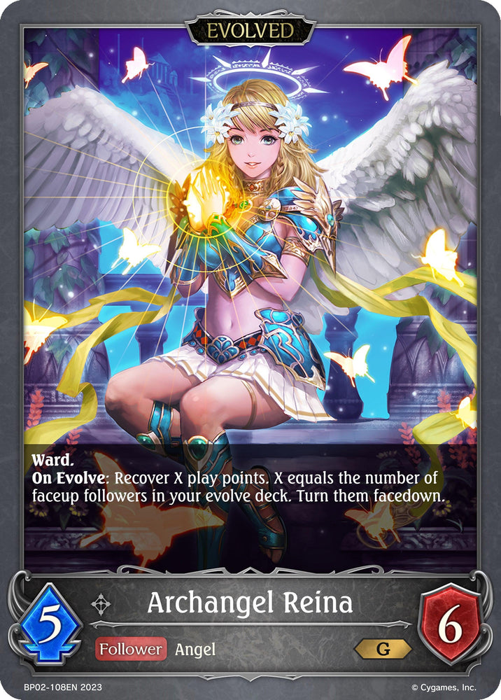 A fantasy game card from the Reign of Bahamut set features **Archangel Reina (BP02-108EN) [Reign of Bahamut]** by **Bushiroad**, depicted as a blonde female angel with a halo and white wings, holding a glowing orb. She is adorned in detailed armor with blue and gold accents. Her card stats are 5 play points, 6 attack, and 6 defense. Text describes her evolve abilities.