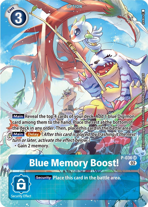 A super rare Digimon card titled "Blue Memory Boost! [P-036] (Digimon Adventure Box 2) [Promotional Cards]" with a cost of 3. The artwork depicts bird-like Digimon with blue and red wings, paired with an ice-type Digimon on snow and ice. This promotional card's main effects allow revealing and adding a blue Digimon, plus a delay effect to gain memory.