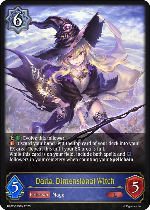 A fantasy-themed trading card features "Daria, Dimensional Witch (BP02-035EN) [Reign of Bahamut]" from the Bushiroad series. She has long blonde hair, a large pointy purple hat with decorations, and wields a glowing staff. The card, ideal for Runecraft decks, displays her stats: 6-point cost, 5 attack, and 5 defense.
