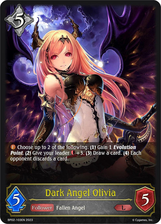 A fantasy trading card from Bushiroad depicts "Dark Angel Olivia (BP02-103EN) [Reign of Bahamut]," a legendary character with pink hair, black horns, and black wings. Clad in ornate black-and-gold armor, she boasts 5 attack and 5 defense. Her abilities include gaining Evolution Points, leader defense boost, drawing cards, and opponent card discard—a true force in the Reign of Bahamut.