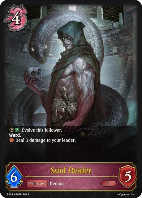 Illustration of a fantasy card titled "Soul Dealer (BP02-070EN) [Reign of Bahamut]" from the Abysscraft category by Bushiroad. It features a hooded, muscular demon with crimson skin, holding a skull and standing in front of a coiled serpent. The card has a mana cost of 4, with 6 attack and 5 defense. Abilities include evolve for 2 mana and ward with