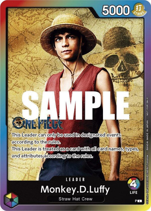 A "One Piece" trading card featuring Monkey D. Luffy. Luffy wears a straw hat and a red vest, standing in front of a yellow backdrop with a skull and crossbones. The card text highlights Luffy's leader abilities and life points, marked as a **Monkey.D.Luffy (Leader Pack - Live Action) (Sealed Battle 2023 Vol. 1) [One Piece Promotion Cards]** from **Bandai**.