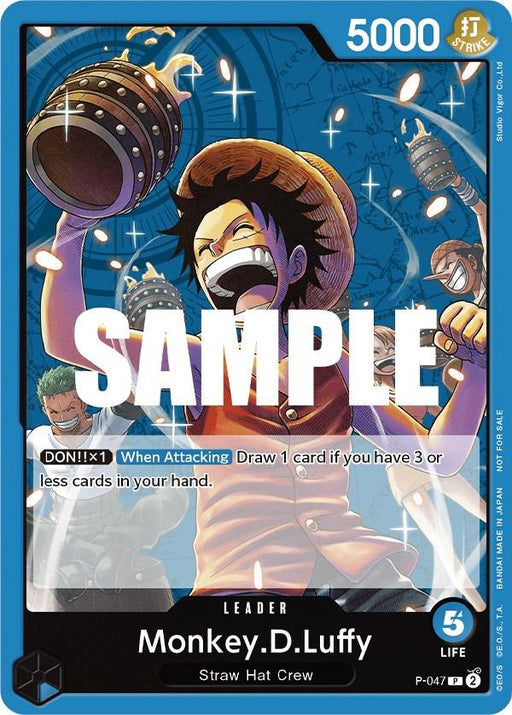 A trading card from the One Piece Promotion Cards series featuring Monkey.D.Luffy (Sealed Battle Kit Vol. 1) [One Piece Promotion Cards] by Bandai depicts Monkey.D.Luffy from the Straw Hat Crew. Luffy, depicted in an action pose with his signature straw hat and red vest, throws a punch. The card, labeled as a Leader with a power value of 5000, has special attributes described in text. "SAMPLE" is overlaid on the image.