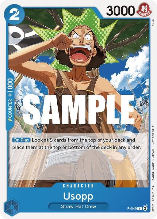 A promotional trading card depicts Usopp, a member of the Straw Hat Crew, animated with exaggerated excitement as he clenches his fist against a bright blue sky with clouds. The Usopp (Sealed Battle Kit Vol. 1) [One Piece Promotion Cards] by Bandai details include cost (2), power (3000), and ability text about manipulating the deck.
