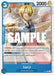 This promotional trading card, Sanji (Sealed Battle Kit Vol. 1) [One Piece Promotion Cards] from Bandai, features an illustration of Sanji, a beloved character from the One Piece series. Dressed as a chef and holding a plate of food, Sanji is showcased with 2000 power, a cost of 3, and a counter of 1000. The "Sanji" card belongs to the Straw Hat Crew and includes text overlays like "Blocker" and "DON.