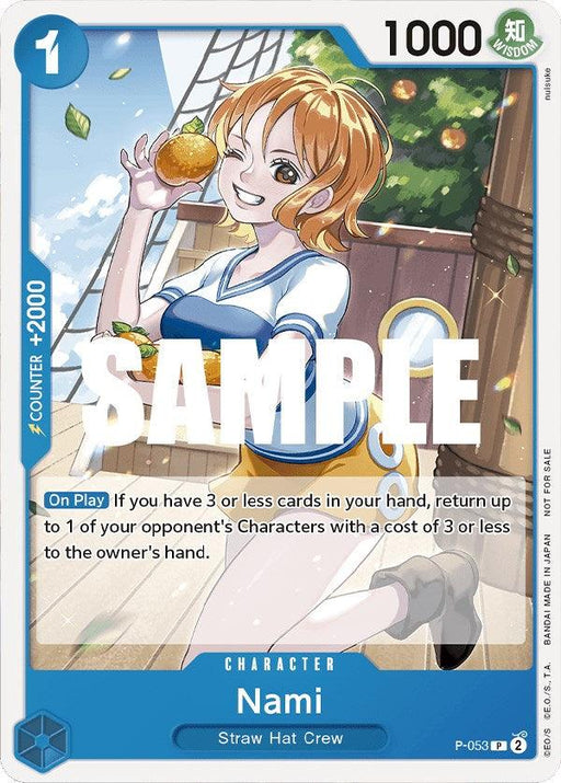 A trading card featuring the character Nami from the Straw Hat Crew, holding an orange and smiling. The card has a blue border, a "1000" strength value in the top right corner, and “Counter +2000” on the left. Text on the card provides game instructions and it is marked diagonally with “SAMPLE.” Perfect for One Piece Promotion Cards enthusiasts. This is Nami (Sealed Battle Kit Vol. 1) [One Piece Promotion Cards] by Bandai.