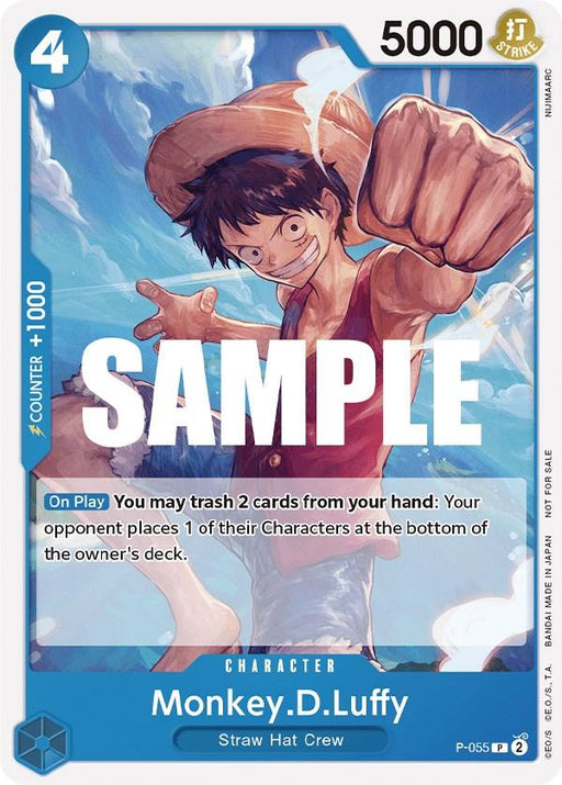 A Monkey.D.Luffy (Sealed Battle Kit Vol. 1) [One Piece Promotion Cards] trading card from the One Piece Promotion Cards series, featuring Monkey D. Luffy of the Straw Hat Crew. Dressed in his iconic red vest, blue shorts, and straw hat, Luffy strikes a powerful pose. This 4-cost, 5000 power promo character can trash 2 cards to force the opponent to remove a character from play by Bandai.
