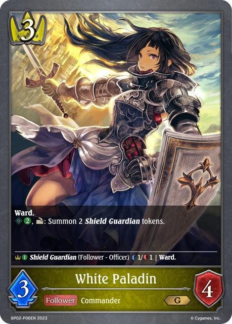 The "White Paladin (BP02-P06EN) [Reign of Bahamut]" card, from the Bushiroad series, showcases a female warrior in silver armor wielding a glowing sword and a shield adorned with a cross. With stats of 3 attack and 4 defense, it features special abilities at a cost of 3. The vibrant artwork bursts with dynamic action and magical effects reminiscent of Swordcraft enchantments.