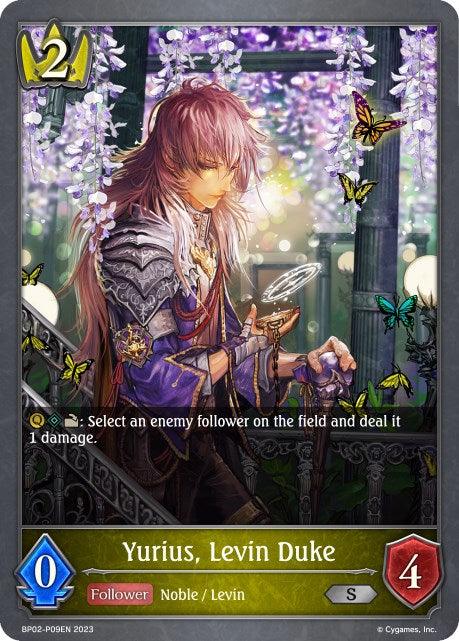 A fantasy card features "Yurius, Levin Duke (BP02-P09EN) [Reign of Bahamut]" with long silver hair and elaborate armor adorned with glowing items. He holds a magical ring amid a background of hanging wisteria flowers and fluttering butterflies. With Swordcraft affiliation, he costs 2 mana and has 0 attack, 4 defense, and an ability to deal 1 damage. The card is produced by Bushiroad.