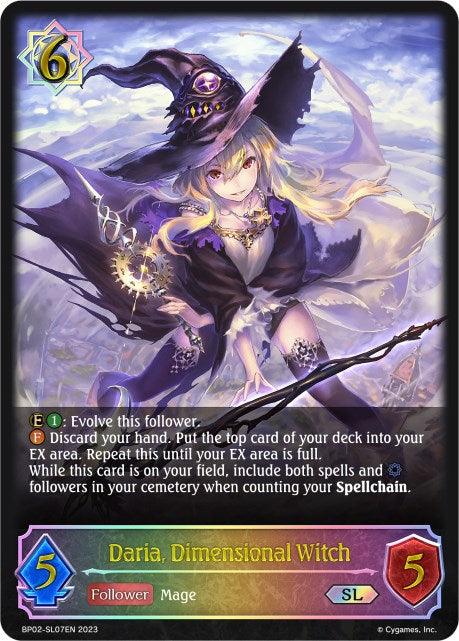 A trading card featuring "Daria, Dimensional Witch (BP02-SL07EN) [Reign of Bahamut]," a female mage with blonde hair and a dark purple witch hat adorned with a blue ribbon. She holds a staff with a glowing purple orb. The Super Legendary card has a rainbow-colored border, boasting 5 attack and 5 defense. Complex game text is displayed below. This product is from Bushiroad.