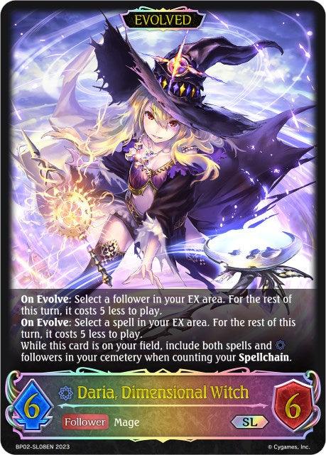 A card from the game "Reign of Bahamut," titled Daria, Dimensional Witch (BP02-036EN) [Reign of Bahamut] by Bushiroad. It features an illustration of a blonde witch in a dark, ornate outfit with a pointed hat. The card details her evolved powers and boasts stats of "6/6". Text on the card includes abilities and gameplay effects specific to Runecraft.