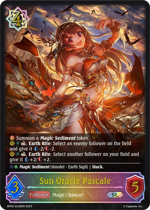 A colorful trading card featuring Sun Oracle Pascale (BP02-SL09EN) [Reign of Bahamut] by Bushiroad, a mage/dancer from the Reign of Bahamut series. The character has long hair and is dressed in an elaborate outfit with red and gold colors. She holds a staff with an orb. Stats and Runecraft abilities are detailed below the illustration. The card's border is dark with vibrant accents.